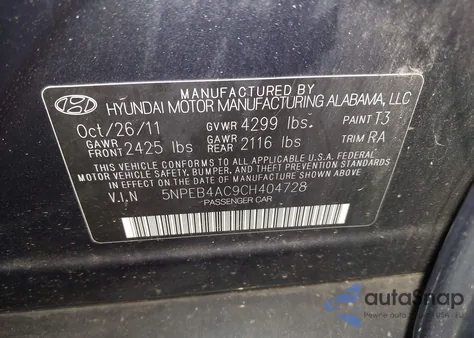 2012 Hyundai Sonata Gls z USA, uszkodzony, nr VIN 5NPEB4AC9CH404728